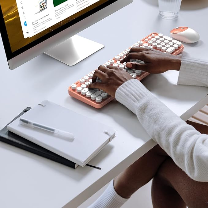 KNOWSQT Wireless Keyboard and Mouse Combo - White-Orange Full-Sized 2.4 GHz 104 Keys Typewriter Keyboard, Flexible Round Keycap and Optical Mouse for Windows, Computer, PC, Laptop, Desktop, Mac