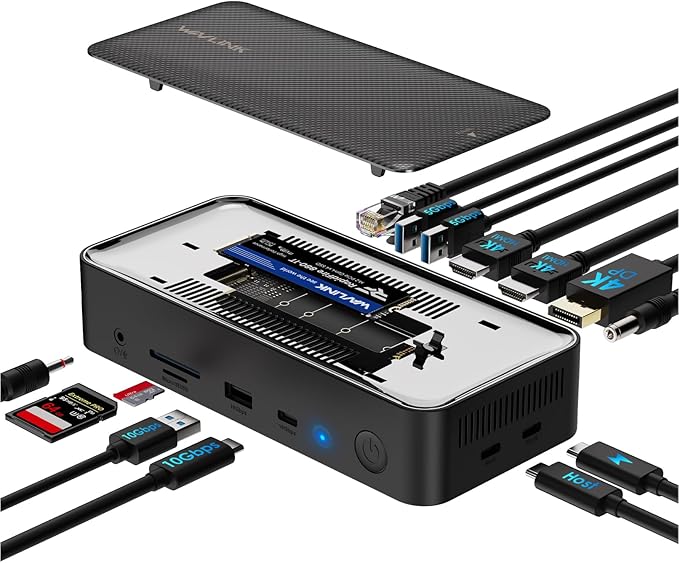 WAVLINK Laptop Docking Station 3 Monitors, 12-1 USB Hub with 10Gbps M.2 PCIe/SATA SSD Enclosure, Expands MacBook/Mac mini (M4/M3/M2/M1), 4K@60Hz HDMI/DP, 100W PD, with 20V2A Independent Power Adapter