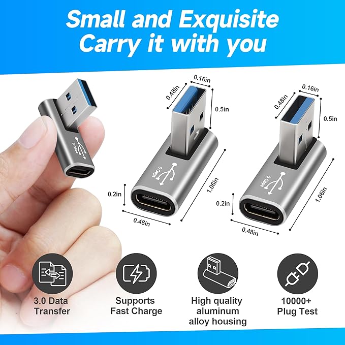 90 Degree USB to USB C Adapter 2 Pack,Middle Left and Right Angle USB C Female to A Male Charger Connector Converter USB L Shape Extender, Support Charge & Data Sync for PC, Laptop, Mouse, Keyboard