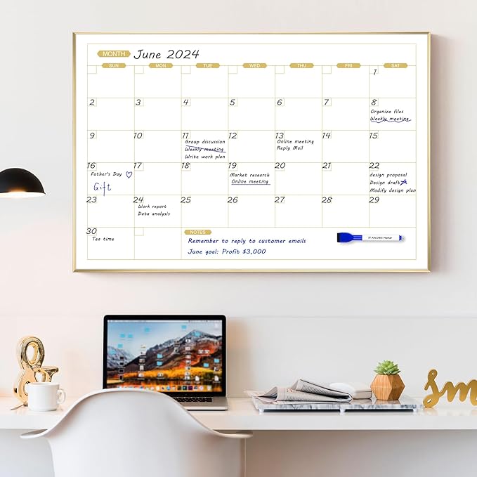 ARCOBIS Monthly Calendar Whiteboard, 36" x 24" Magnetic Dry Erase Calendar with Gold Frame, Wall Planner Board for Home, Office, School