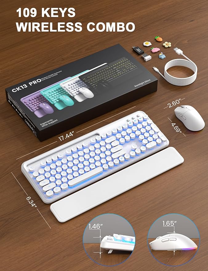 Wireless Keyboard and Mouse Combo - Backlit Typewriter Keyboard with Magnetic Wrist Rest & Phone Holder, Light Up Round Keys, 2.4GHz Cordless Set for Mac, Windows, PC, SABLUTE (Cloud Dancer White)