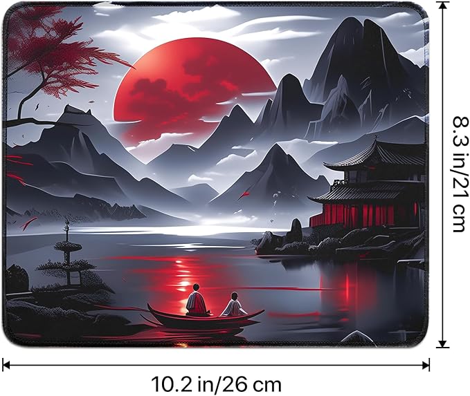 Small Gaming Mouse Pad, Anime Black Mousepad with Stitched Edges, Expanded Cool Desk Mat, Japanese Red Moon Keyboard Mat Suitable for Home Office,10.2 X 8.3 Inch