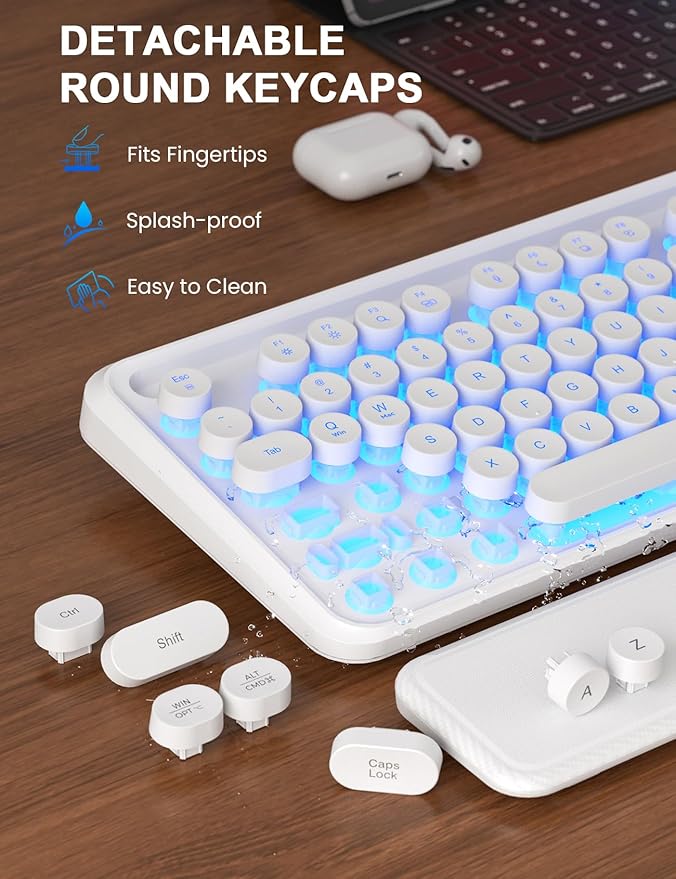 Wireless Keyboard and Mouse Combo - Backlit Typewriter Keyboard with Magnetic Wrist Rest & Phone Holder, Light Up Round Keys, 2.4GHz Cordless Set for Mac, Windows, PC, SABLUTE (Cloud Dancer White)
