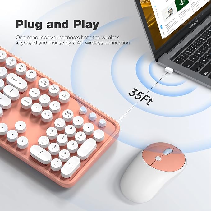KNOWSQT Wireless Keyboard and Mouse Combo - White-Orange Full-Sized 2.4 GHz 104 Keys Typewriter Keyboard, Flexible Round Keycap and Optical Mouse for Windows, Computer, PC, Laptop, Desktop, Mac