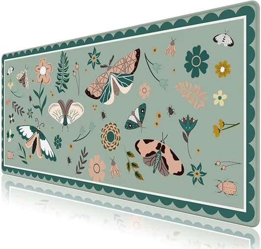 Mouse Pad, Cute Cool XXL Big Desk Mat for Desk Cover, Anti-Slip Large Mousepad with Stitched Edges, Keyboard Mat for Computer Desktop Table Protector I Green Floral & Insect