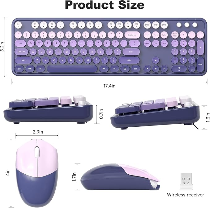 Wireless Keyboard and Mouse Combo, MOWUX Full Size Typewriter Retro Round Computer Keyboard, Cute Optical Mouse Wireless, Plug and Play, for Laptop, PC, Computer- Purple Gradient