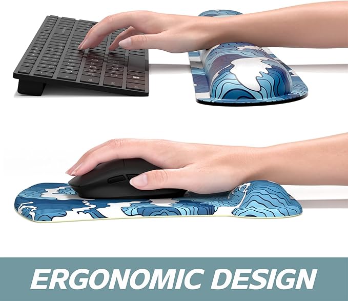 ITNRSIIET Mouse Pad Wrist Support Keyboard Wrist Rest Pad Ergonomic Mousepad Non-Slip Memory Foam Keyboard Pad Easy Typing Pain Relief Perfect for PC Laptop Gaming Office,Japanese Style Waves
