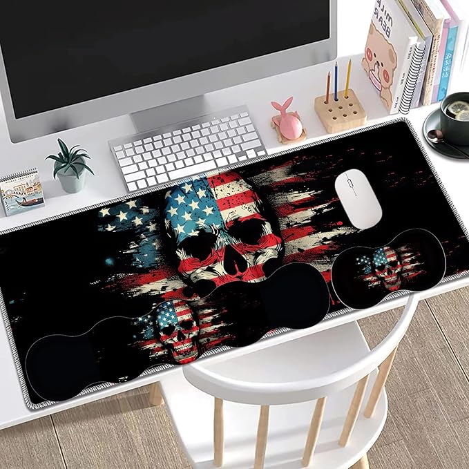 Large Gaming Mouse Pad + Keyboard Wrist Rest + Wrist Support + Coaster Set, Memory Foam Ergonomic for Easy Typing, XXL Extended Gaming Mouse Pad Table Pad - American Flag Skull