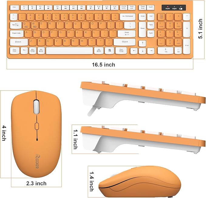 Wireless Keyboard and Mouse Combo, Reccazr 2.4G Full-Sized Keyboard and Mouse Cordless, 3 DPI Adjustable Mouse, Dual-System Keyboard for Computer/Laptop/Windows/Mac (Orange-A)