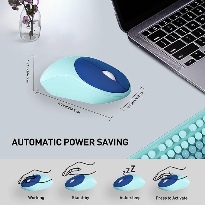 Keyboard and Mouse Wireless,2.4Ghz Retro Typewriter Style Round Keycap,Full Size Colorful Wireless Keyboard Mouse Combo,Cute Cordless Keyboard Mouse Set for PC Laptop Desktop Computer-Teal