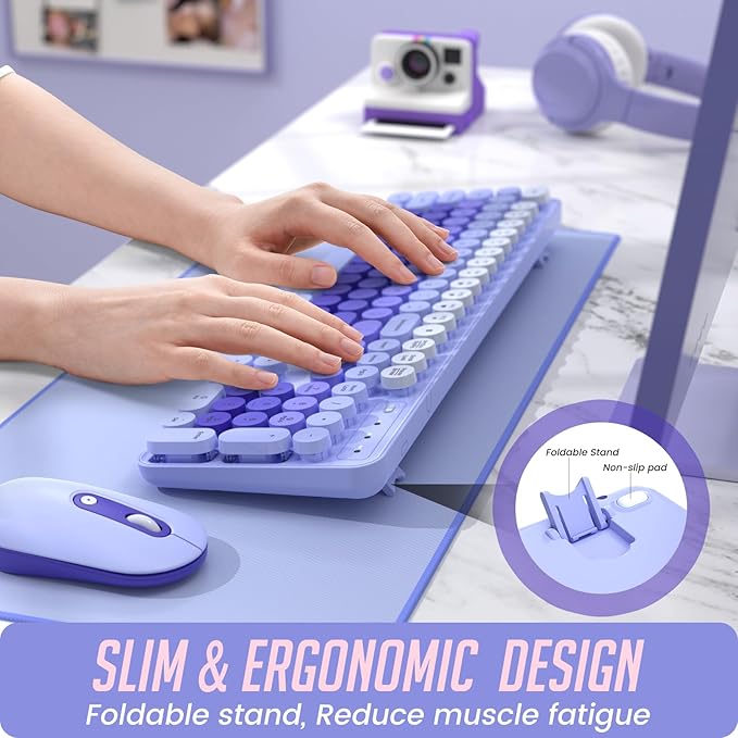 Wireless Keyboard and Mouse, Silent Keyboard Mouse Combo, Full-Sized Colorful Typewriter Keyboard with Round Keycaps, 2.4G Cute Mouse Compatible with PC/Laptop/Computer(Purple)
