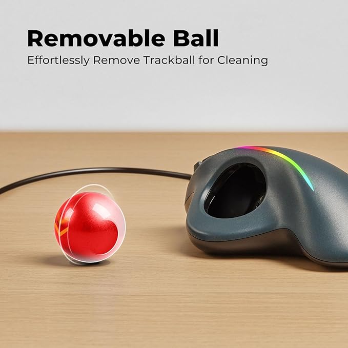 Wired Trackball Mouse with RGB Lighting, Ergonomic Thumb Control to Reduce Muscle Strain, 5 Adjustable DPI, Dual USB-C & USB-A Connectivity