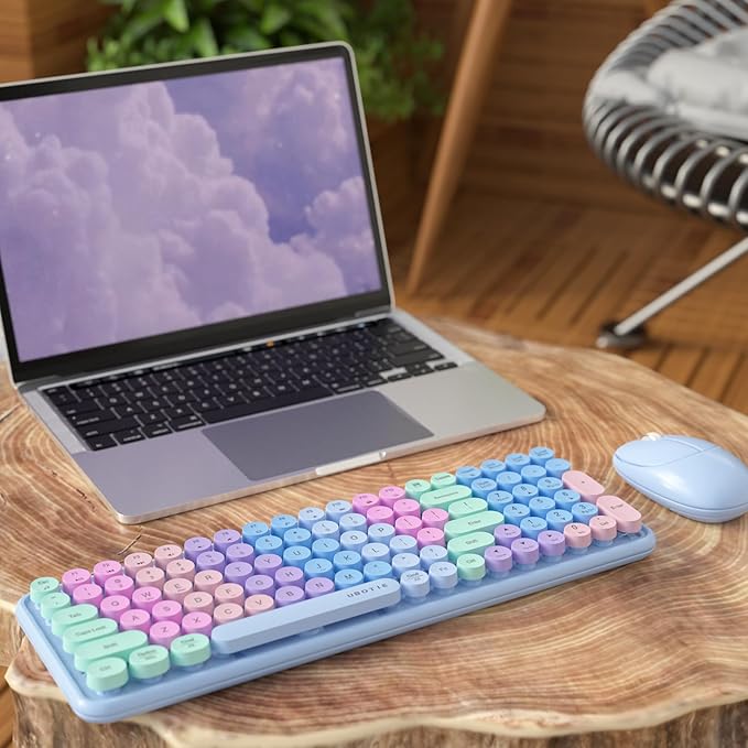 Wireless Keyboards and Mouse Combos, UBOTIE Colorful Gradient Rainbow Color Retro Typewriter Flexible Keyboard, 2.4GHz Connection and Optical Mouse(Purple Rainbow)