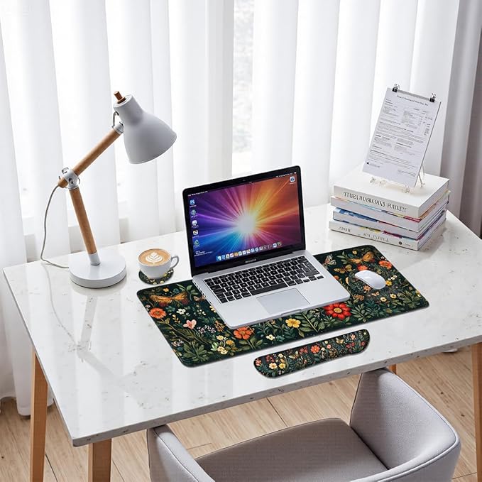 Butterfly Mouse Pad Set Colorful Floral Garden Fantasy Gaming Mousepad 4in1 Desk Mat for Desktop Anti-Slip XXL Big Computer Ergonomic Mousepad with Wrist Support for Keyboard and Mouse