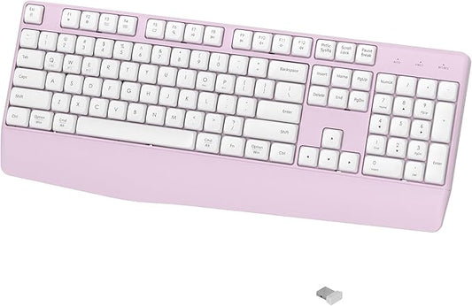 Wireless Bluetooth Keyboard, Ergonomic Wireless Keyboard with Wrist Rest, 2.4GHz & Bluetooth Dual-Mode Compatibility for PC, Laptop, Windows, Mac, and More (White Pink)