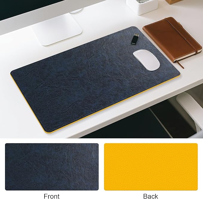 Imitation Crazy Horse Leather Desk Mat - Waterproof Desk Pad - Ideal for Large Mouse Pad and Desk Mats on Top of Desks (Dark Blue+Yellow, 33"*13")