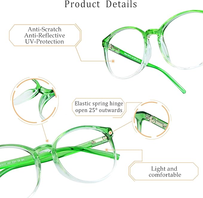 LifeArt Round Blue Light Blocking Glasses, Computer Glasses, Gaming Glasses, TV Glasses for Women Men (Clear Green, 6.00 Magnification)