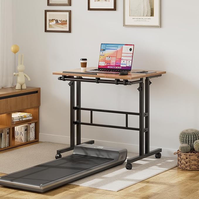 VECELO Mobile Small Standing Desk Adjustable Height, Computer Workstations with Tiltable Tabletop, Lockable Wheels, Portable Rolling Laptop Desk for Home Office, Brown