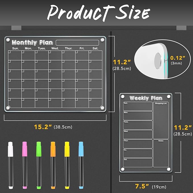 DIYMAG Planning Pads 3Pack Acrylic Magnetic Dry Erase board for Fridge,15"x11" Set Magnetics Weekly Monthly Memo Planner Board for Refrigerator with 6 Colors Markers