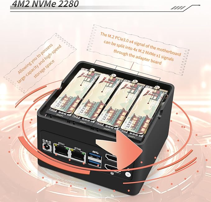 4 x NVMe Mini NAS Server, 4 Bay NAS i3-N305 Pocket PC with Dual i226-V 2.5GbE LAN,Dual HDMI 2.0,USB3.2 Gen2,Support BT5.4/WiFi6/WiFi7 (i3-N305, NO RAM NO SSD)