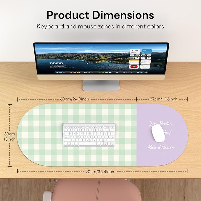 Checkered Pattern Desk Pad Protector, 35.5 x 13'' Aesthetic Mouse Mat for Desktop, Waterproof PU Leathe Non-Slip Desk Writing Pad for Office and Home, Green and Purple