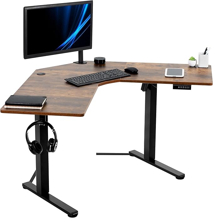 VIVO Electric Corner L-Shaped 47 x 47 in Standing Desk, Memory Height Adjustment, Rustic Vintage Brown Top Black Frame, DESK-E1L94N