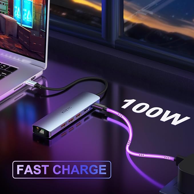 USB C Hub Ethernet, KOZYC 6-IN-1 USB C Hub with 10Gbps, HDMI 4K 60Hz, 1Gbps Ethernet, 3xUSB-A 3.2 , 100W PD Compatible with MacBook Air/Pro, XPS13/15, Dell