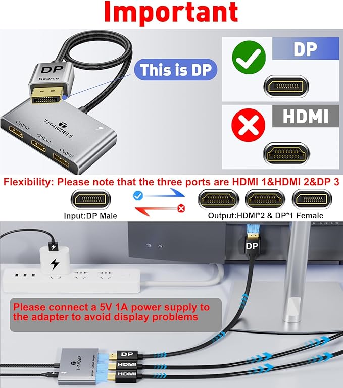 DisplayPort to Dual HDMI with DP Adapter (4K@60Hz) Extended Display 1 in 3 Out MST Hub for Multiple Monitors Compatible for Graphics Card, PC, NVIDIA, AMD