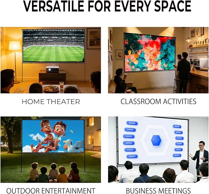100" Projector Screen with Foldable Stand - 16:9 4K HD Anti-Wrinkle Portable Movie Screen for Indoor/Outdoor - with Carry Bag, Ropes & Pegs for Home Theater, Backyard, Camping & Party