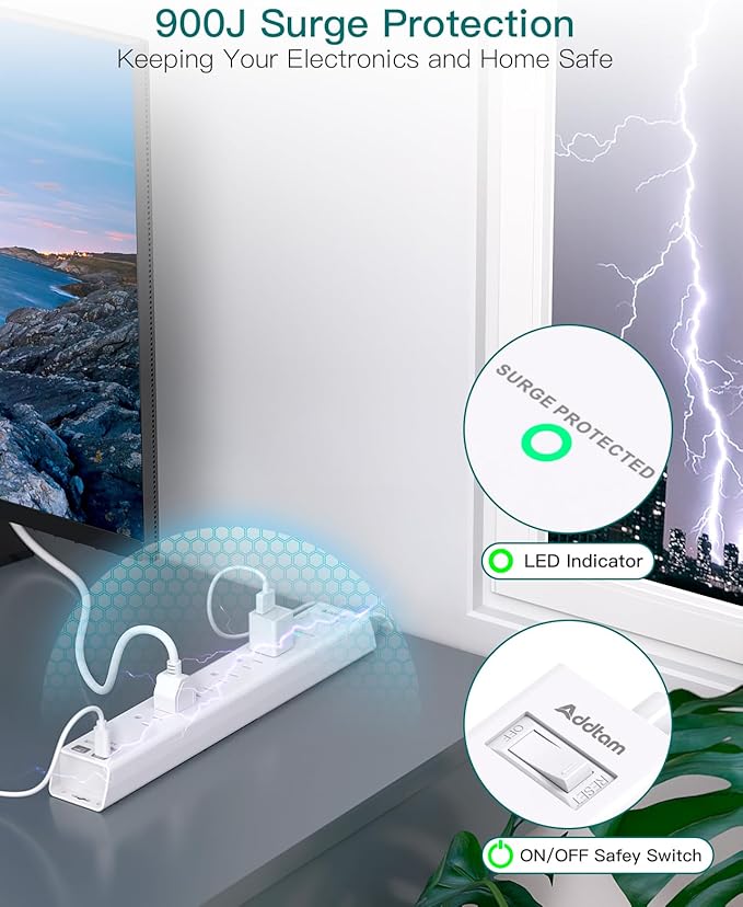 10Ft Extension Cord with Multiple Outlets, Addtam Flat Plug Power Strip Surge Protector with Long Cord,6 Outlet 4 USB Ports (2USB C),Multi Plug Outlets for Office,College,Dorm Essentials, ETL Listed