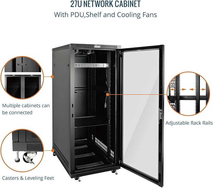 Tecmojo Network Rack Cabinet,27U Server Rack,31.5 Inch Depth,Hold Up to 1800Lbs,Lockable Cabinet with Casters and Complete Accessories,Clear Door,for Home,Office,Small Business (27U 23.6" w*31.5" d)