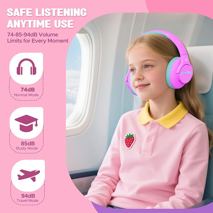Steellumen Nova1Lite Kids Wireless Active Noise Cancelling Headphones, Bluetooth 5.3, Safe Volume 74/85/94dB, Real 40H Battery, Type-C Fast Charging, boy Girl Built-in Mic for School Travel Airplane