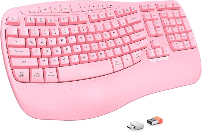 MEETION Wireless Ergonomic Keyboard, Wave Keys Wrist Rest for Natural Typing, 2.4G USB-A Cordless Receiver and USB-C Adapter, Ergo Computer Keyboard Compatible with Windows/Mac/PC/Laptop, Pink