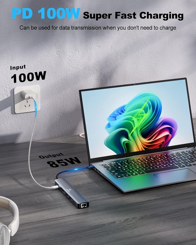 Laptop USB C Hub, 8-in-1 Docking Station, 1000Mbps Ethernet, HDMI 4K60Hz, 2 USB 3.0 + 2 USB-C Ports Adapter, PD 100W MAX Charging(Data), SD/TF Card Reader for MacBook Pro/Dell XPS/HP/Lenovo etc