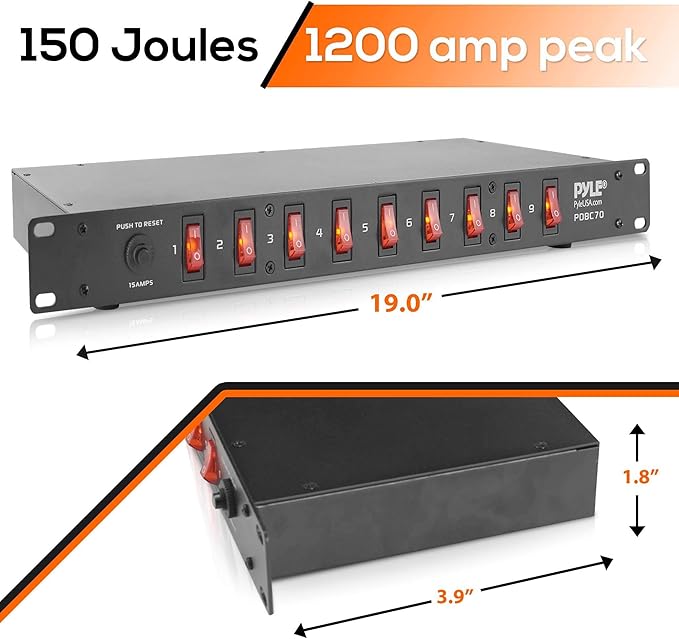 PDU Power Strip Surge Protector - 150 Joule 9 Outlet Strips Surge Protector Heavy Duty Electric Extension Cord Strip - 1U Rack Mount Protection Power Outlet Strip W/ 9 Front Switch - PylePro PDBC70 BLACK