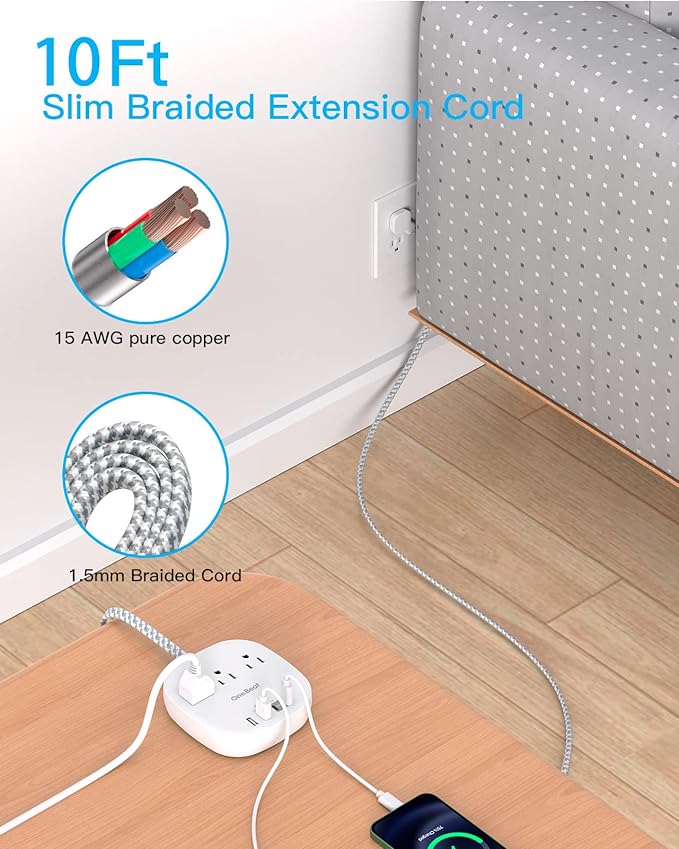 10Ft Flat Plug Power Strip, Ultra Thin Extension Cord - 3 Outlets 4 USB Ports (2 USB C) Desktop Charging Station, Cruise Ship Power Strip with No Surge Protection for Travel, Dorm Room Essentials