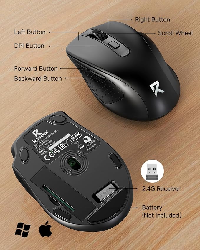 Redragon Wireless Mouse for Laptop, 2.4G Optical Computer Mouse 5-Level 4000DPI, Office Cordless USB Mice, 6 Buttons, 18 Months Battery, Portable for PC, Chromebook, Wins, Mac, Small to Medium Hand