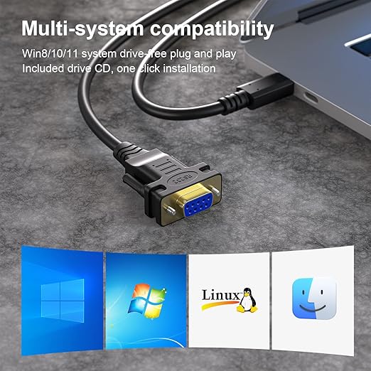 USB-C to Serial Adapter, 6FT RS232 DB9 Female Converter Cable, FTDI Chip, Compatible with Windows, Mac, Linux, Type C Device, Industrial Applications, Data Communication