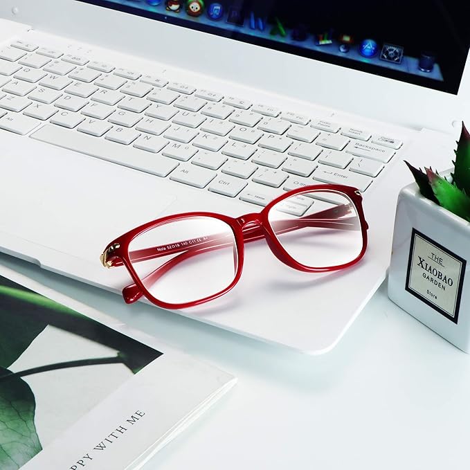 VisionGlobal Blue Light Blocking Glasses for Women Men, Stylish Square Frame (Red, No Magnification)