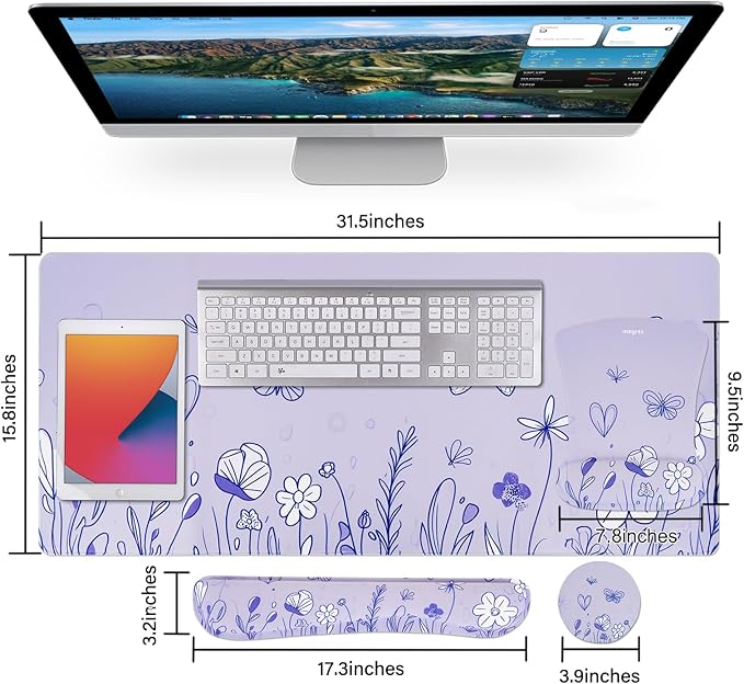 MEGREZ 4-in-1 Ergonomic Memory Foam Wrist Rest Set, Desk Pad, Mouse Pad with Wrist Rest, Keyboard Pad, Suitable for Office Workers, Programmers & Gamers–Relieve Typing & Gaming Fatigue,Light Purple