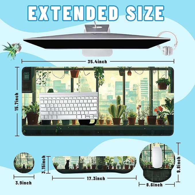 Cute Cat Mouse Pad Set Green Plants Cartoon Anime City Gaming Mousepad 4in1 Desk Mat for Desktop Wrist Support Cup Coaster Set Ergonomic Computer Desk Arm Wrist for Decor Home Office