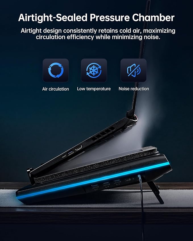 llano V12 Ultra Laptop Cooling Pad with Smart Software Control, RGB Gaming Laptop Fan Cooler Stand, 5.5" Turbo Fan, Adjustable Speed, 3-Port USB 3.0 Hub, 3 Height Stands, for 15.6"-19" Laptops, Black
