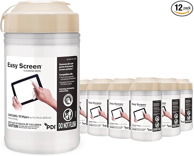 Easy Screen Cleaning Wipes, Canister – Streak-Free, Anti-Smudge Wipes for Electronics, TVs, Laptops, Tablets, Smartphones – 70 Large 6" x 9" Wipes Each, 12 Canisters per Case