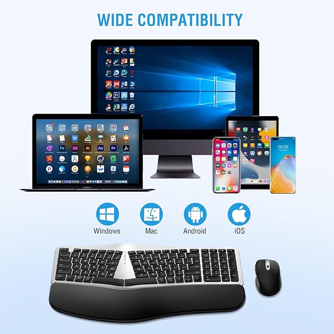 Ergonomic Wireless Keyboard Mouse Combo, EDJO Bluetooth/2.4G Dual Channel, Split Design, Soft Foam Palm Rest, 4 Level DPI Adjustable Wireless Mouse, Rechargeable, for Windows/Mac/Android(Sliver)