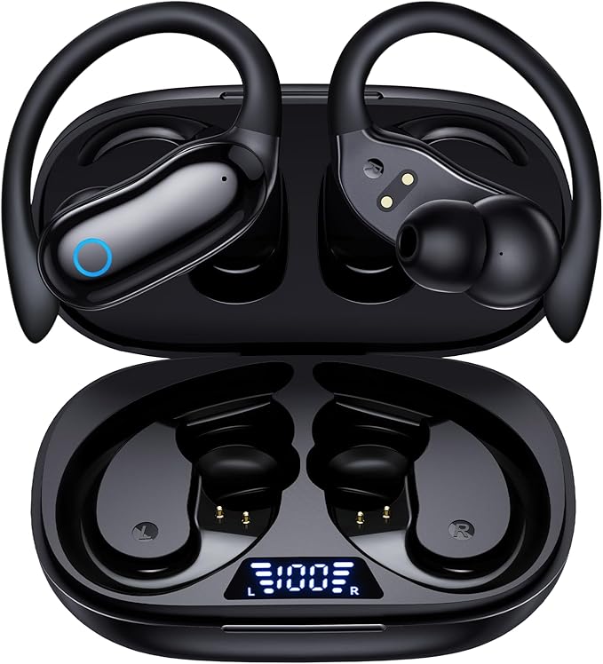 GNMN Active Noise Cancelling Ear Buds Wireless Earbuds 96hrs Playback Bluetooth Headphones Dual Battery Display Stereo Bass Earphones with Earhooks Microphone IPX7 Waterproof Headset for Sports/Gym
