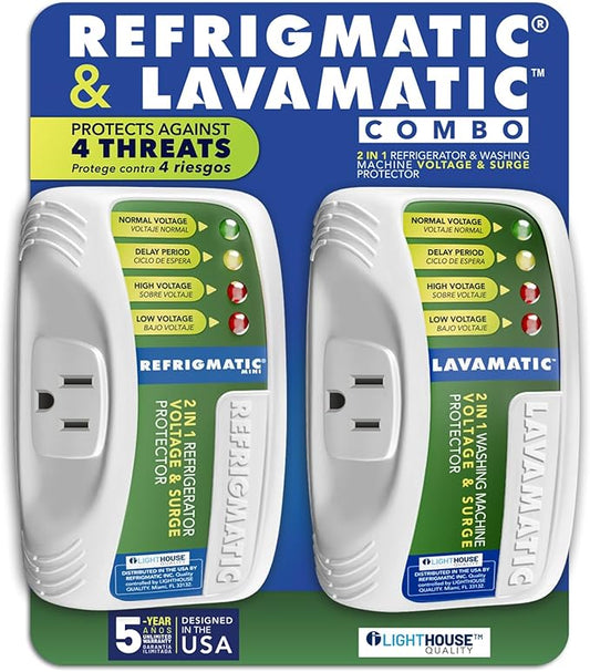 Two Electronic Voltage & Surge Protector Combo - Protect your Refrigerator and Washing Machine Against High and Low Voltage, Brownouts and Spikes