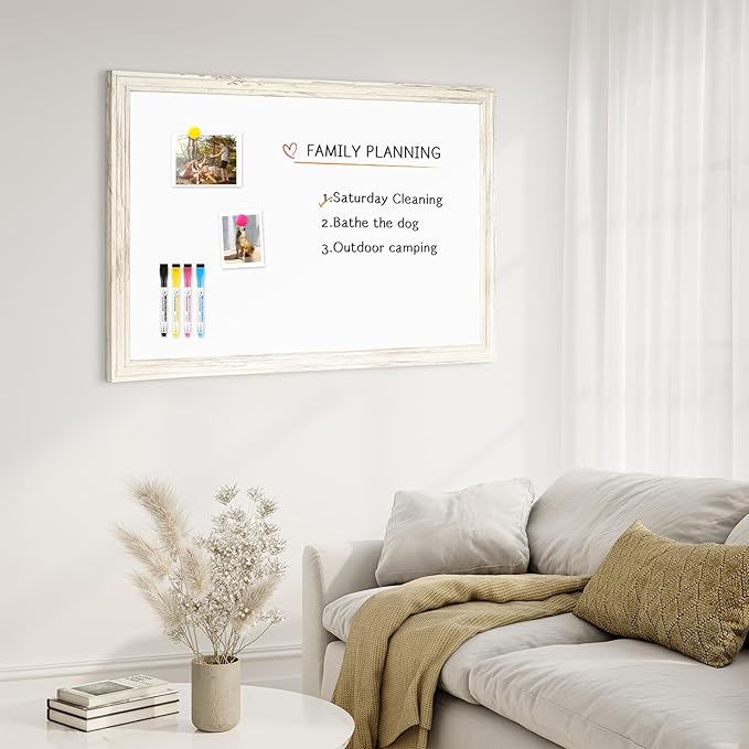 4 THOUGHT Dry Erase Board, 24 x 18 in Magnetic Whiteboard White Vintage Wood Frame Decorative White Board Wall-Mounted Notice Board for School, Office, Home, 8 Magnets 4 Markers 1 Eraser