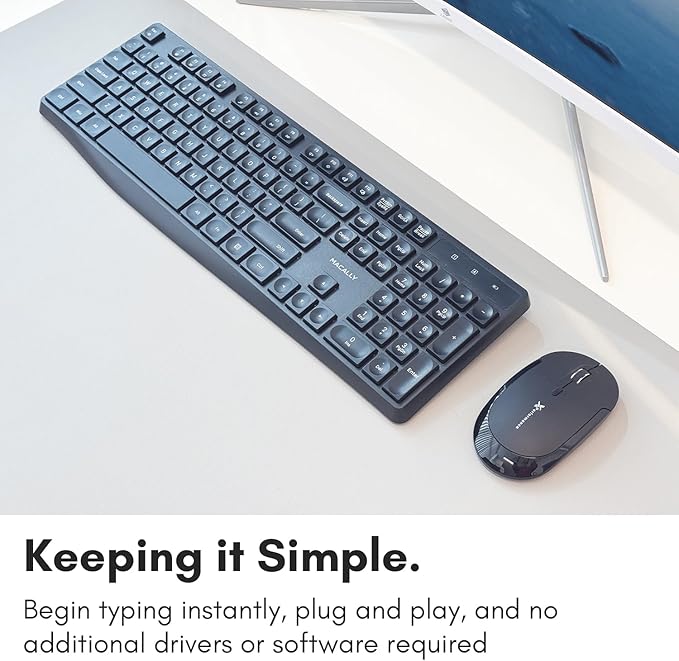 Macally Wireless Keyboard | 2.4G Computer Keyboard (Full Size, Quiet Keys) All Day Comfortable Typing with Wireless USB for Laptop, Desktop PC, Surface, Chromebook, Notebook