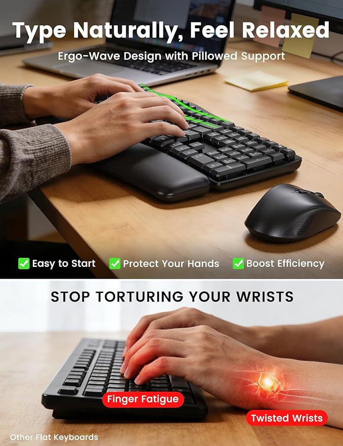 Wireless Keyboard and Mouse Combo, 30dB Quiet Ergonomic Wave Keyboard Set with Soft Leather Palm Rest, Dual-System Switch for Windows/Mac, Ideal for Business Teams Home Office - SABLUTE MA41