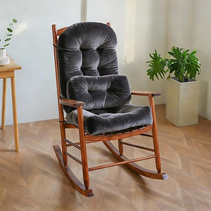 Rocking Chair Cushion Indoor Large Chair Pads Set with Ties Extra Lumbar Pillow Premium Dutch Velvet High Resilience Filler Non-Slip Bottom, Grey